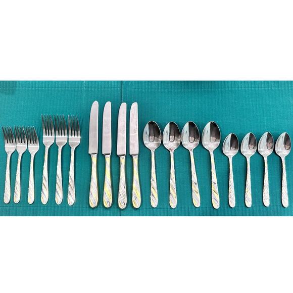 Retroneu Diagonal Gold Accent 18/8 Stainless Flatware-18 Pieces-Stunning! - Picture 2 of 2